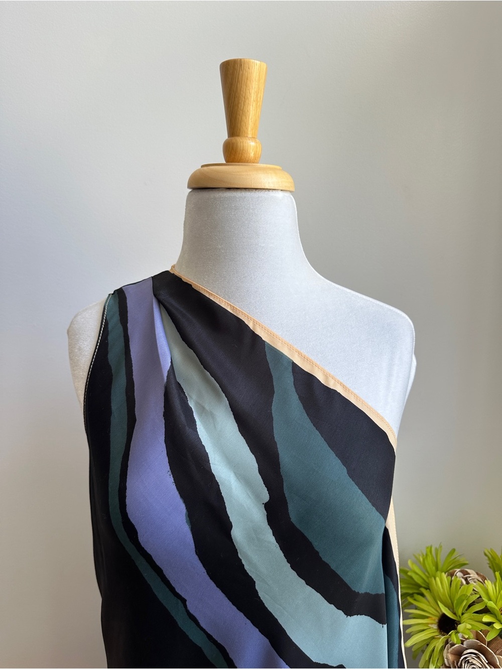 RACHEL Rachel Roy Asymmetrical Silky Dress with Teal, Mint & Beige Trim - Picture 2 of 13